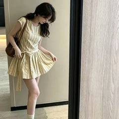 Hnewly  Sweet Short Skirt Fashion Knot Summer Short Sleeve Dress Korean Style Versatile Waist Slimming New Peach Color