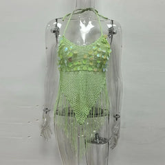 Hnewly  Sexy Hollow Out Women's Top Fashion Sequined Fringe Hem Backless Halter Crop Tops Summer Chic Female Beach Vacation Tanks