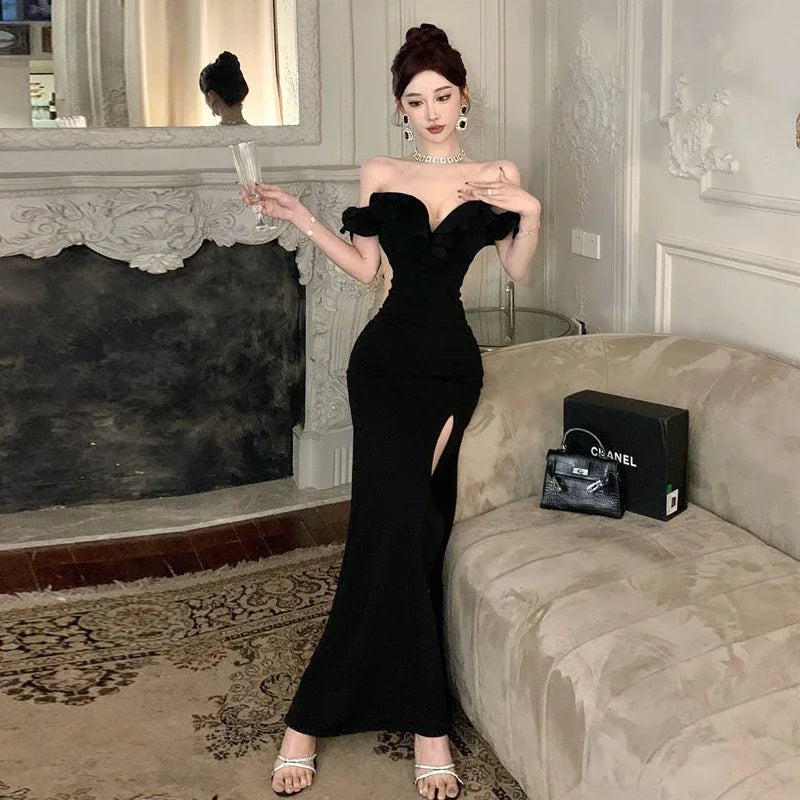 Hnewly Ruffled One Shoulder Strapless Evening Dress Women Spring Summer Elegant High Waist Slim Wrapped Slit Long Dresses