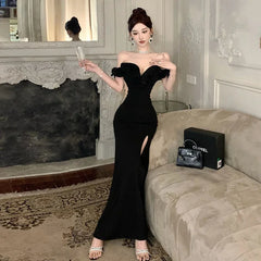 Hnewly Ruffled One Shoulder Strapless Evening Dress Women Spring Summer Elegant High Waist Slim Wrapped Slit Long Dresses