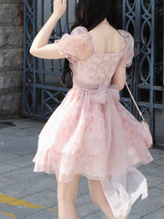 Hnewly  Summer Pink Kawaii Lolita Dress Women Mini Puff Sleeve Beach Casual Elegant Fairy Dress Print Korea Cute Party Dress Female