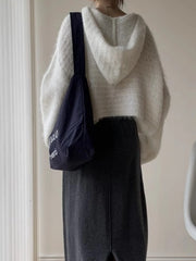 Hnewly  Grey Mohair Knit Hooded Sweater for Women Loose Bell-Sleeve Pullover Hoodie Female Autumn Winter Casual Chic Outfit