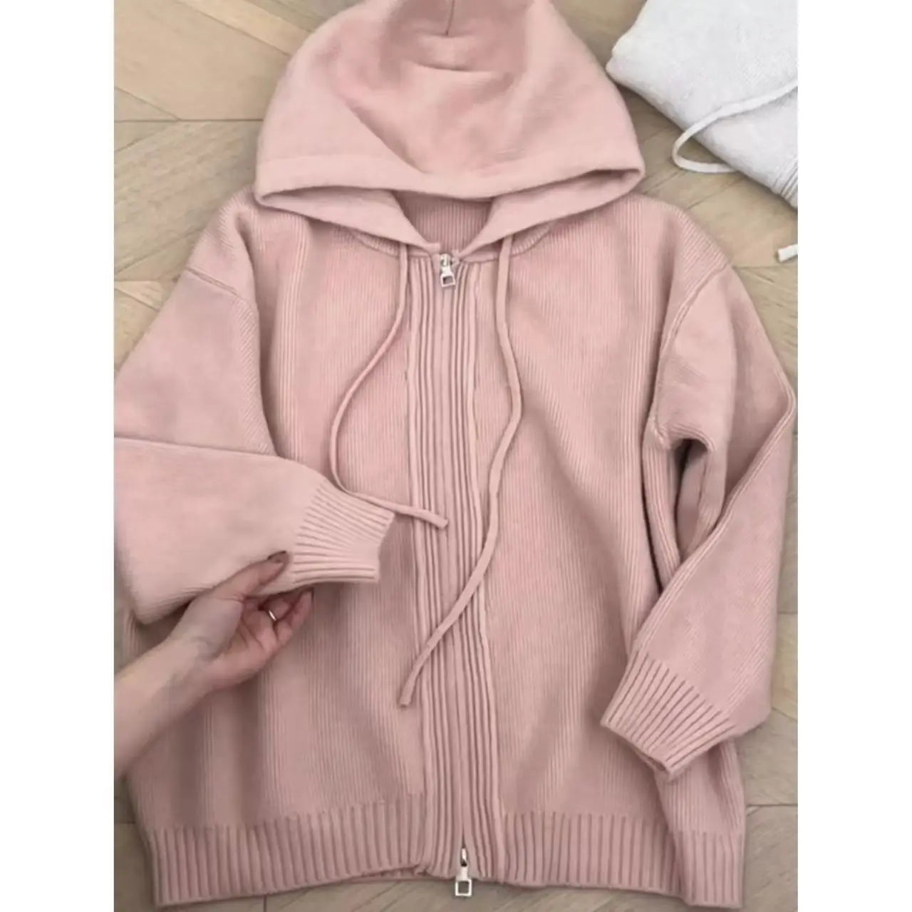 Hnewly Gray Hooded Sweater Coat Autumn Winter Double Zipper Long Sleeve Loose Fashion Korean Soft Thickened Knitted Tops Coats