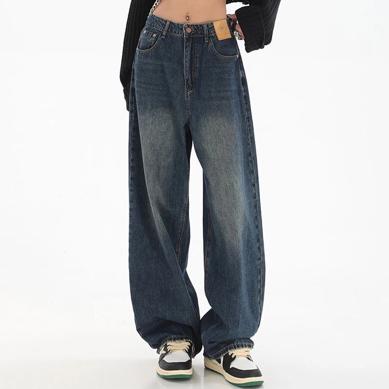 Hnewly Woman High Waist Slim Fit Wide Leg Jeans Female High Street Y2k 2000s Casual Pants Lady Fashion Black Blue Loose Denim Trouserse