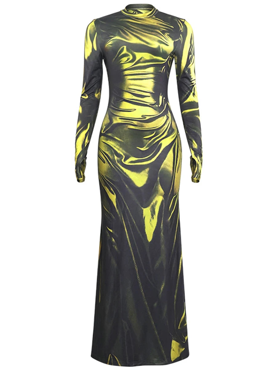 Hnewly  Temperament Solid Spliced Folds Slimming Dresses for Women Round Neck Long Sleeve High Waist Elegant Chic Dress Female New