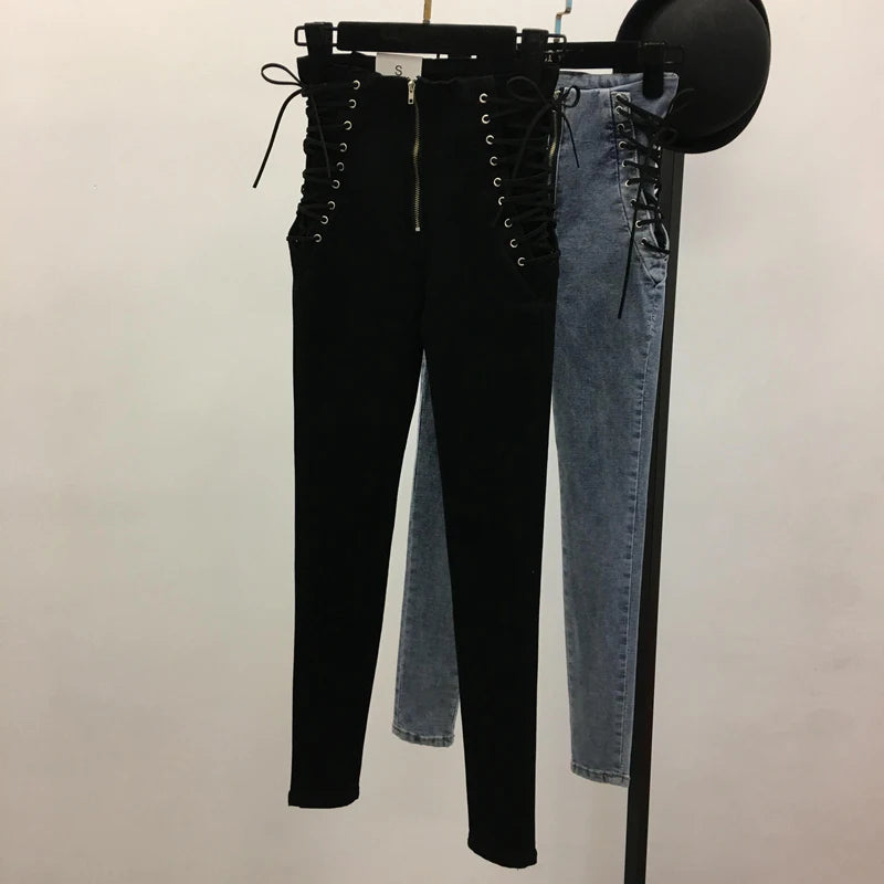 Hnewly Jeans Women Lace-up Skinny All-match Zipper Simple Trendy Ankle-Length Trousers Womens Spring Autumn Slim Female High Quality