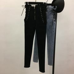 Hnewly Jeans Women Lace-up Skinny All-match Zipper Simple Trendy Ankle-Length Trousers Womens Spring Autumn Slim Female High Quality