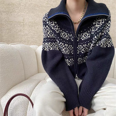 Hnewly  Women Fair Isle Sweater Zipper Front Collared Zip-up Sweater Knit Jacket Cozy Knitwear Teen-girl Fall Winter Vintage Outfit