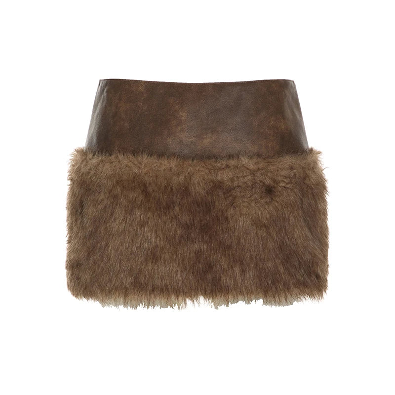 Hnewly rave inspo outfits Wild Fashion Zipper Pu Patchwork Faux Fur Women’s Skirts Chic Sexy Skinny Mini Leather Skirt