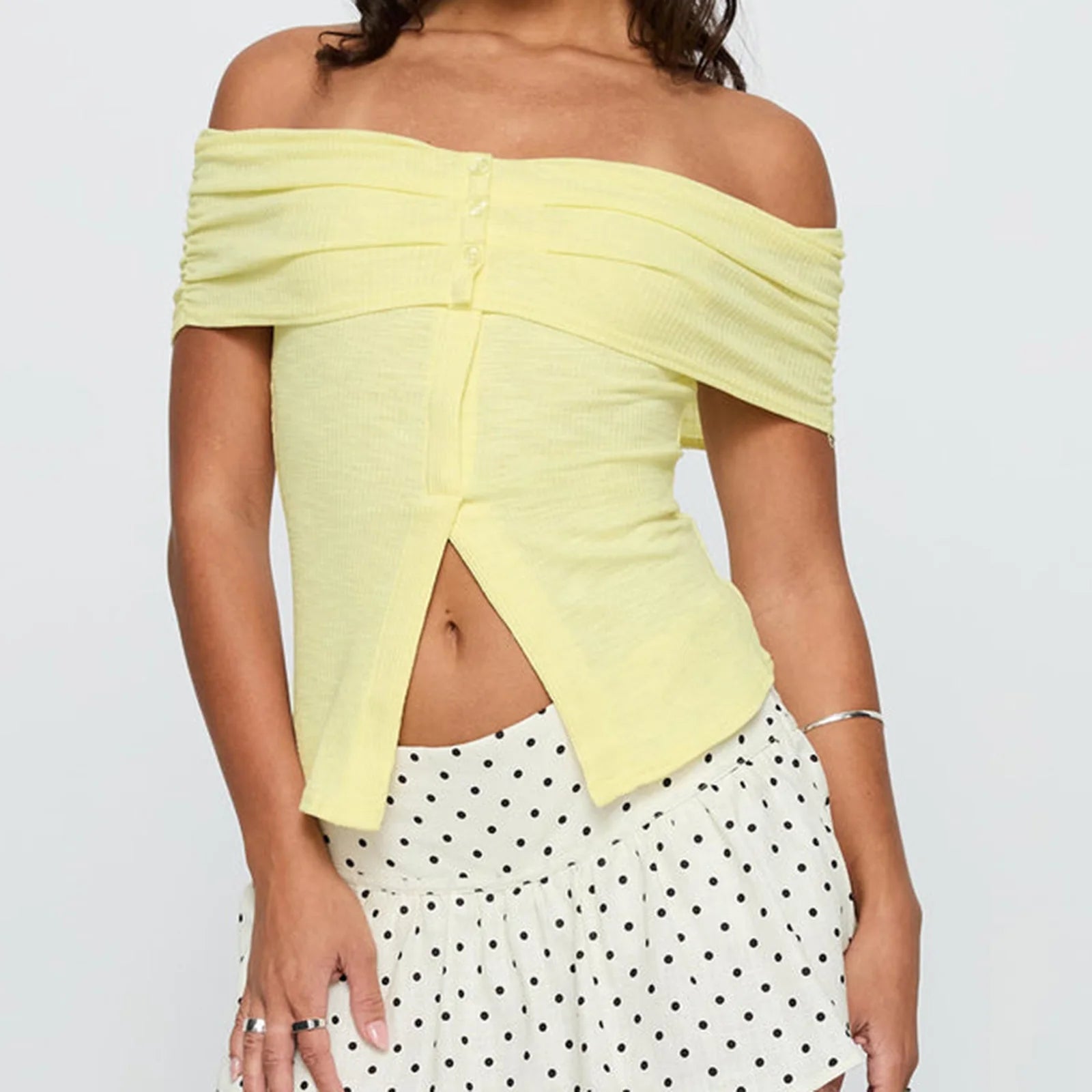 Hnewly Summer Off Shoulder Tops y2k Women Clothes Solid Color Short Sleeve Button Up Slit T Shirts 2000s Clothing Streetwear