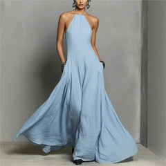 Lunivop  Blue Sleeveless Prom Dresses Halter Pleated Wedding Party Dress For Women Formal Gowns Floor Length Gala
