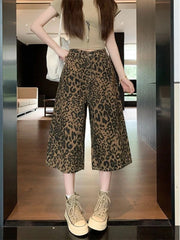 Hnewly  Women's High Waist Leopard Print Denim Shorts Summer Thin Baggy Wide Leg Pants Vintage Streetwear Cropped Trousers