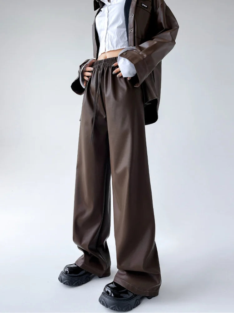 Hnewly Black Wide PU Leather Pants Women Autumn Vintage Elastic High Waist Y2K Harajuku Baggy Straight Trousers
