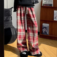 Hnewly  Harajuku Thicken Plaid Pants for Women Autumn Winter Fleece Wide Leg Trousers Woman Baggy Drawstring High Waist Pants Ladies