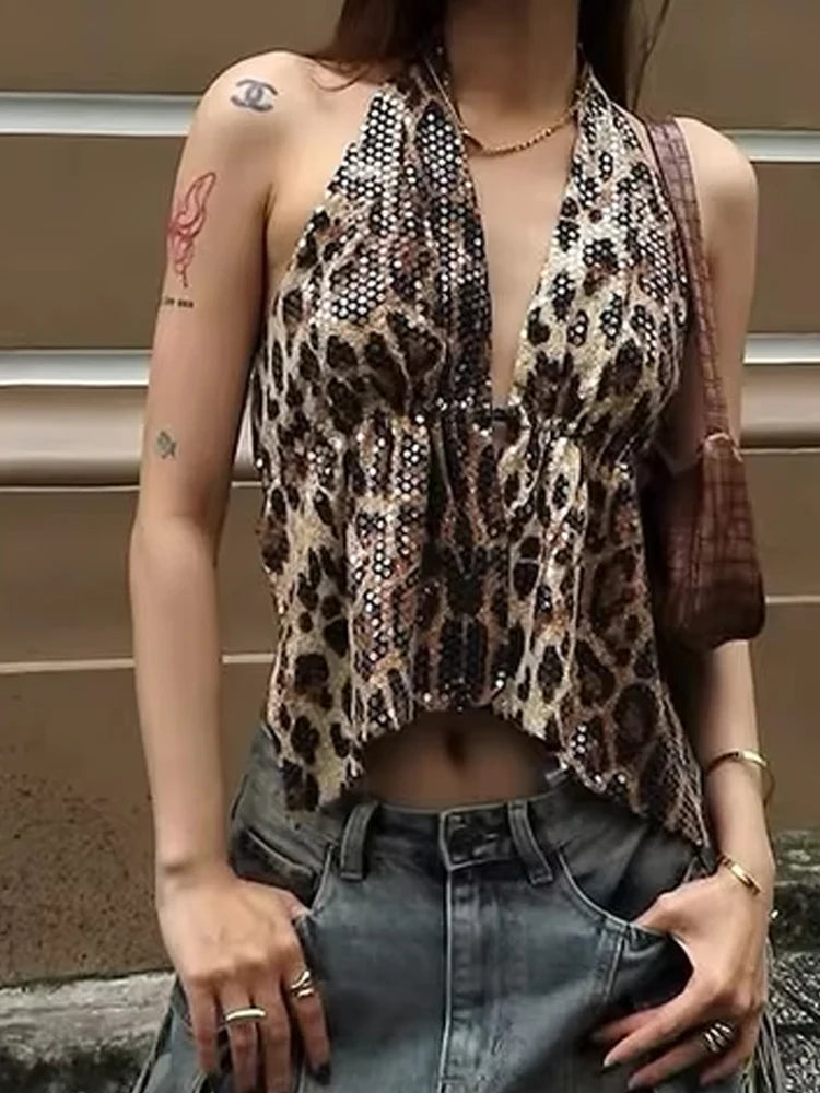 Hnewly  Leopard Sequins Women Vest Y2K Backless Halter V-Neck Lace-Up Sleeveless Street Skinny Wild Summer Trend Tank Tops