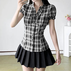 Hnewly  Ruched V-neck Plaid Blouse Women Korean Style Button-up Short Sleeve Top Sweet Slimming Shirts Elegant Streetwear Y2k