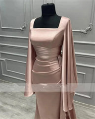 Hnewly  Elegant Square Neck Satin Full Sleeves Mermaid Simple Formal Evening Dresses Court Train Prom Dresses Party Dresses