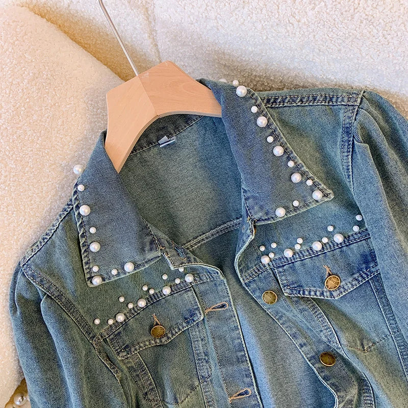 Hnewly  Sweet Nail Bead Short Sleeved Denim Jacket Women Summer Thin Style 2025 New Casual Single Breasted Shirt  Turndown Collar Top