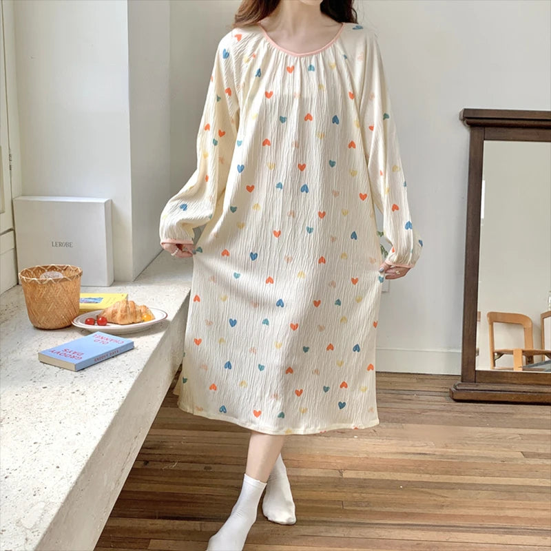 Hnewly Long Sleeve Nightgowns Women Floral Bow Temper Autumn Home Cozy Aesthetic O-neck Prairie Chic All-match Sleepwear Korean Style