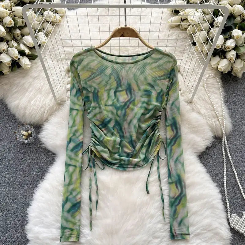 Hnewly Sexy Harajuku Tie Dye Drawstring Mesh Sheer Tops Long Sleeve Thin T Shirt Printed Slim Tops Summer Casual T Shirt Blouses Women