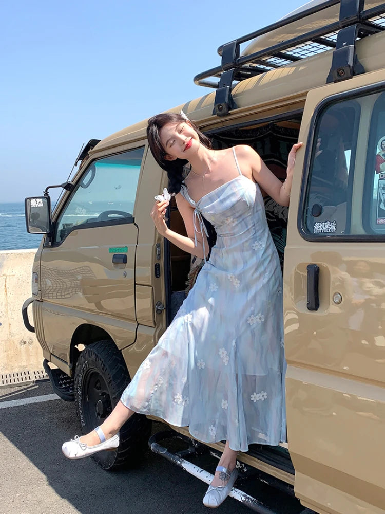 Hnewly Summer Elegant Blue Chiffon Midi Dress Women Beach Casual Embroidery Floral One Piece Dress Korean Fashion Evening Party Vintage