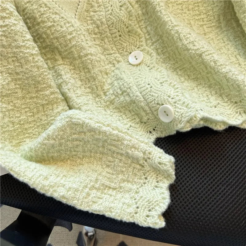 Hnewly  Korean Sweater Cardigan Women's Spring Autumn 2025 Versatile Soft Knitted Jacket Elegant Lace Single Breasted Long Sleeved Top