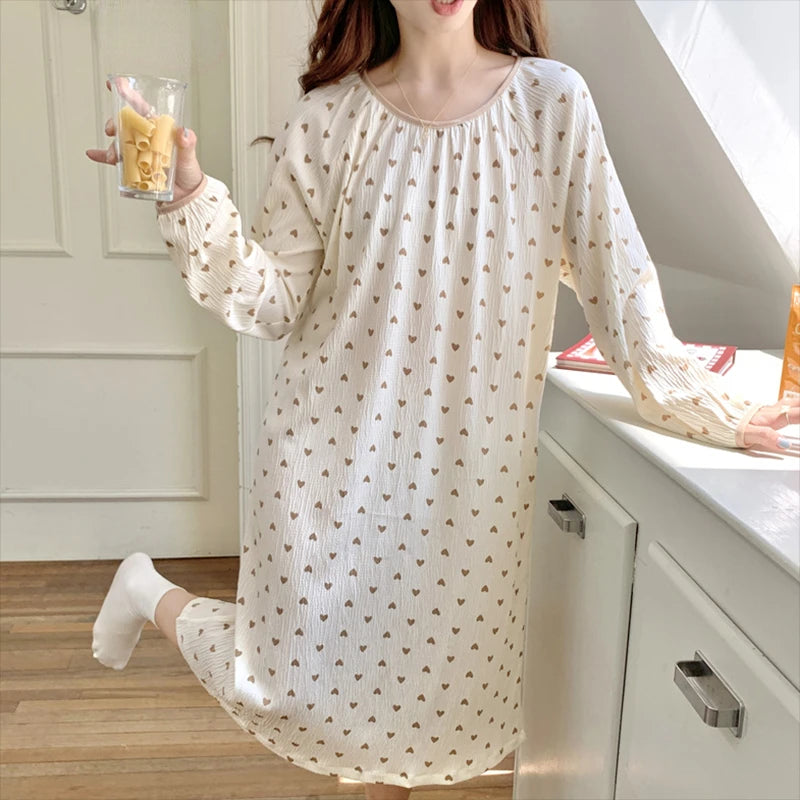 Hnewly Long Sleeve Nightgowns Women Floral Bow Temper Autumn Home Cozy Aesthetic O-neck Prairie Chic All-match Sleepwear Korean Style