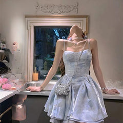 Hnewly  Sweet Elegant Lolita Style Midi Dress Women Kawaii Cute Ruffles Sleeveless Sand Beach Fairy Dresses Female Korean Princess Dress