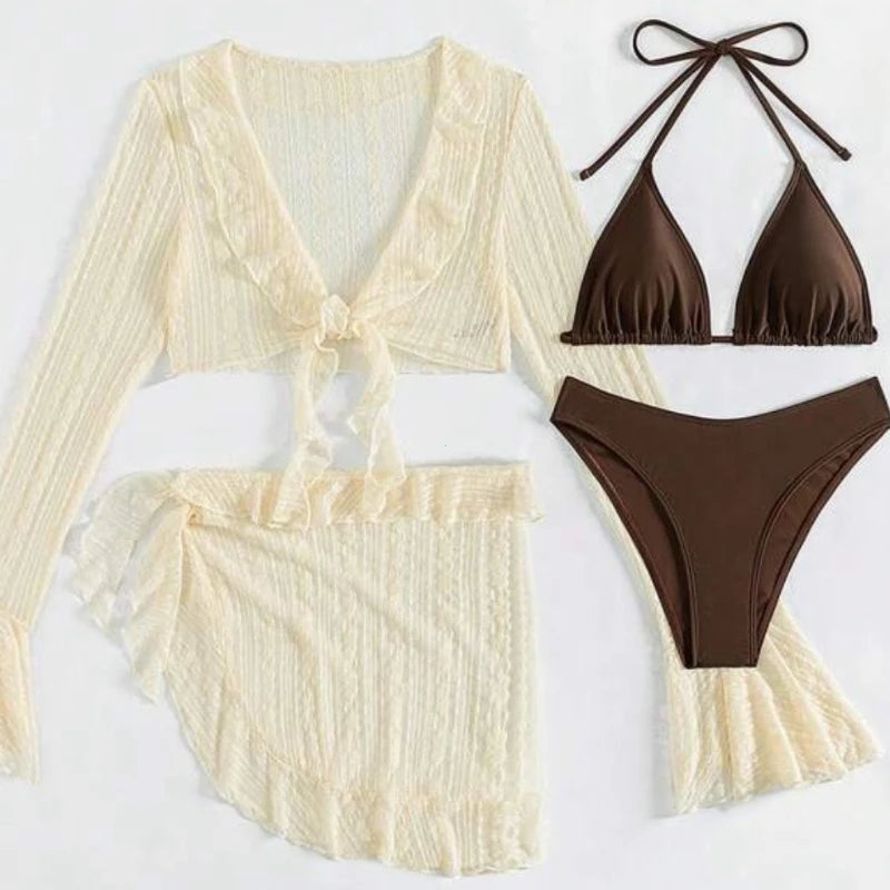Hnewly  Sexy Four-piece Women Swimsuit Long-sleeve Cover-up Swimwear Summer Solid Bikini Set Brazilian Beachwear Party bathing suit