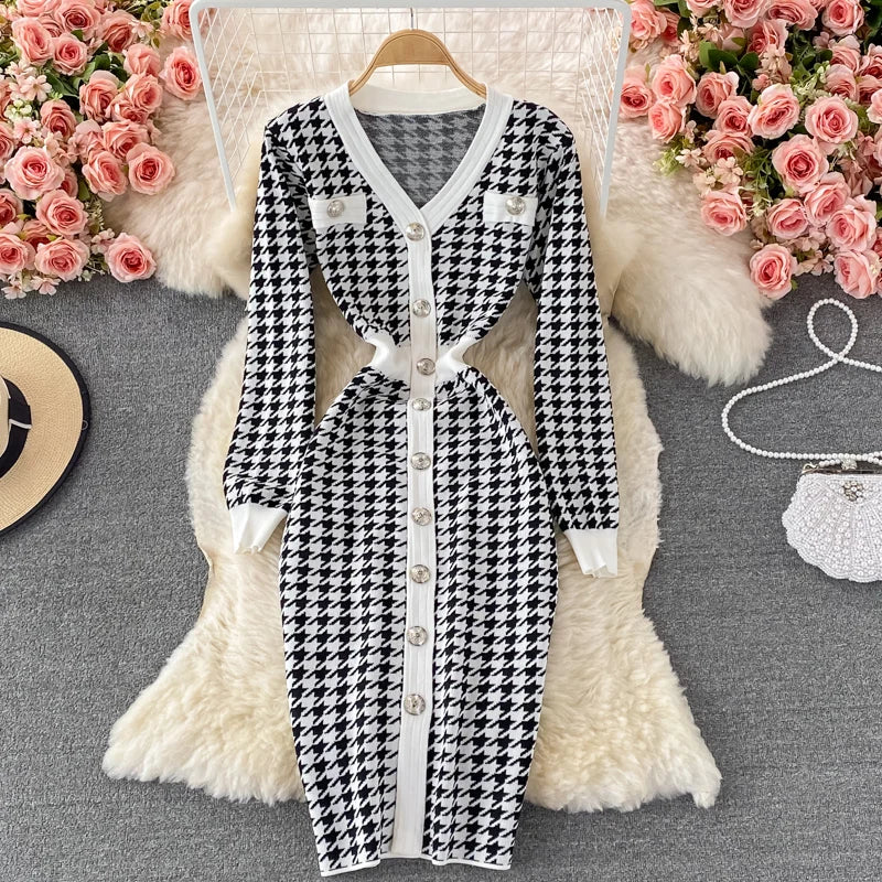 Hnewly  V-neck Sweater Dress Autumn New Versatile Slim Knitted Dresses Elegant Single Breasted High Waisted A-line Gown