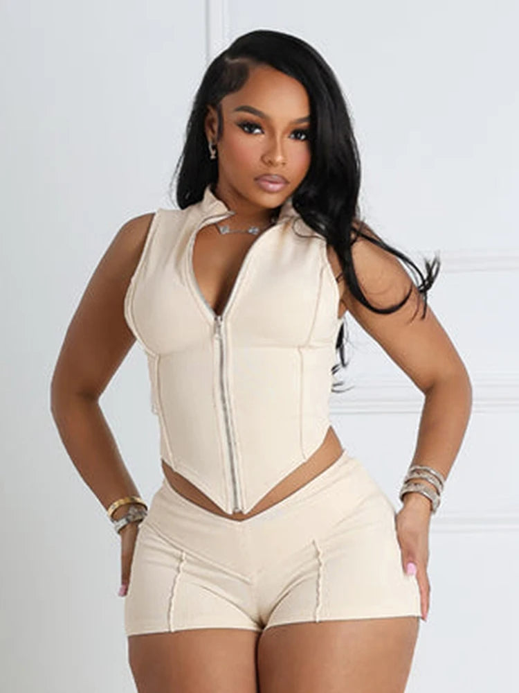 Hnewly  Lines Patchwork 2 Piece Set Women Zipper Cardigan Irregular Crop Top+Skinny Peach Hip Shorts Simple Sporty Streetweas