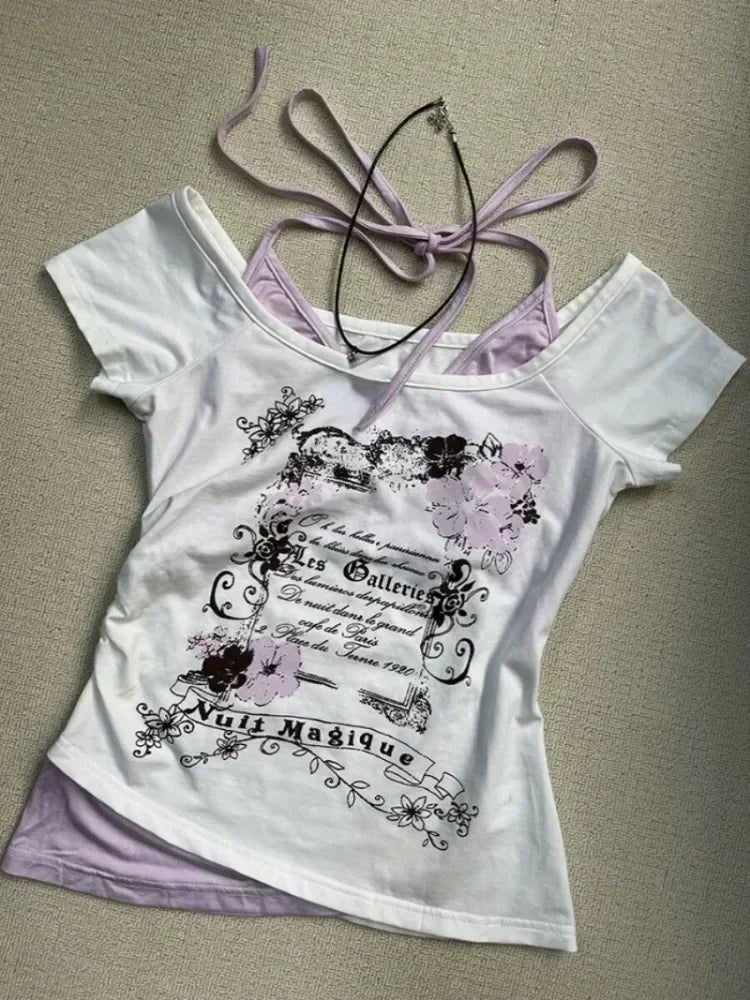 Hnewly Summer Fake Two Pieces Halter Bandage Vintage T-shirts Y2k Aesthetic Slim Crop Tops Women Grunge Print Harajuku Casual Sexy Tee