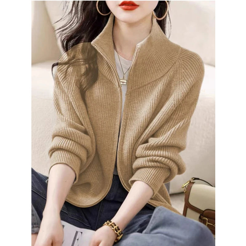 Hnewly  Women's Zip Up Sweater Cardigan Cozy Knit Stand Collar Zipper Front Plain Sweater Jacket Female Korean Chic Fall Winter Outfit