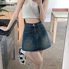 Hnewly  Summer High Waist Short Denim Skirts for Women Streetwear Pocket A Line Mini Skirt Woman Korean Chic Loose Jeans Skirt Female