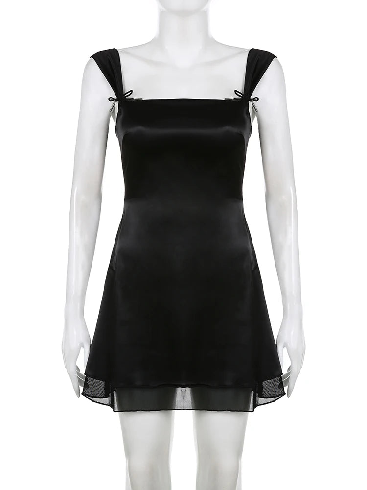 Hnewly DRESS TO IMPRESS Satin Dresses Women Elegant Birthday Party Vacation Clothes Y2K Black A-line Sexy Spaghetti Strap Mini Dress Streetwear