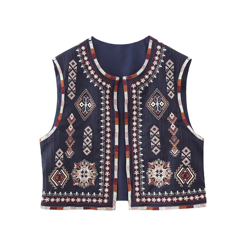 Hnewly Waistcoat Vest y2k Clothes Women Boho Embroidery Round Neck Sleeveless Open Front Jacket Tops 2000s Clothing Streetwear