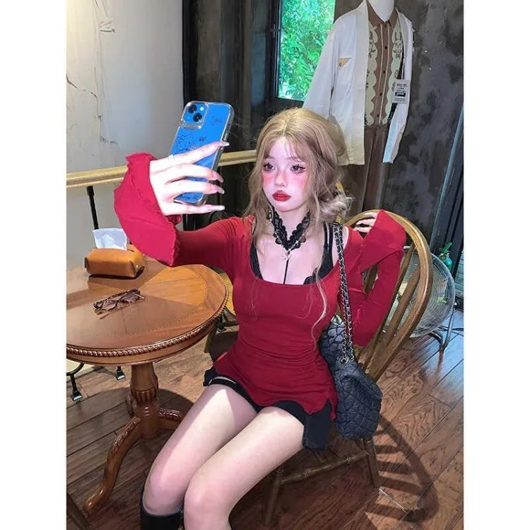 Hnewly spring birthday outfit Fashion Vintage Halter Sexy Lace Black Vest+ Y2k Slim Fit Long Sleeve Red Tops Women 2025 Early Autum New Two Piece Sets