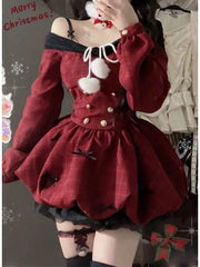Hnewly DRESS TO IMPRESS Christmas Red Sweet Y2k Patchwork Women's Party Dress Slash Neck Long Sleeve Autumn Winter Ball Gown Dresses for Holiday