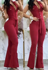 Hnewly Jumpsuit Women Sexys Turn Down Collar Sleeveless Skinny Flared Jumpsuits One Piece Outfit Fashion Clothes Overall Rompers