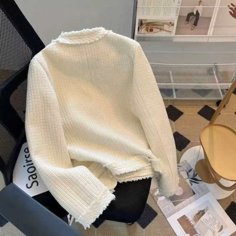Hnewly Fashion Tweed Jacket Women Winter Thick Warm Single Breasted O Neck Coats Korean Elegant Office Lady All Match Outwear Mujer New