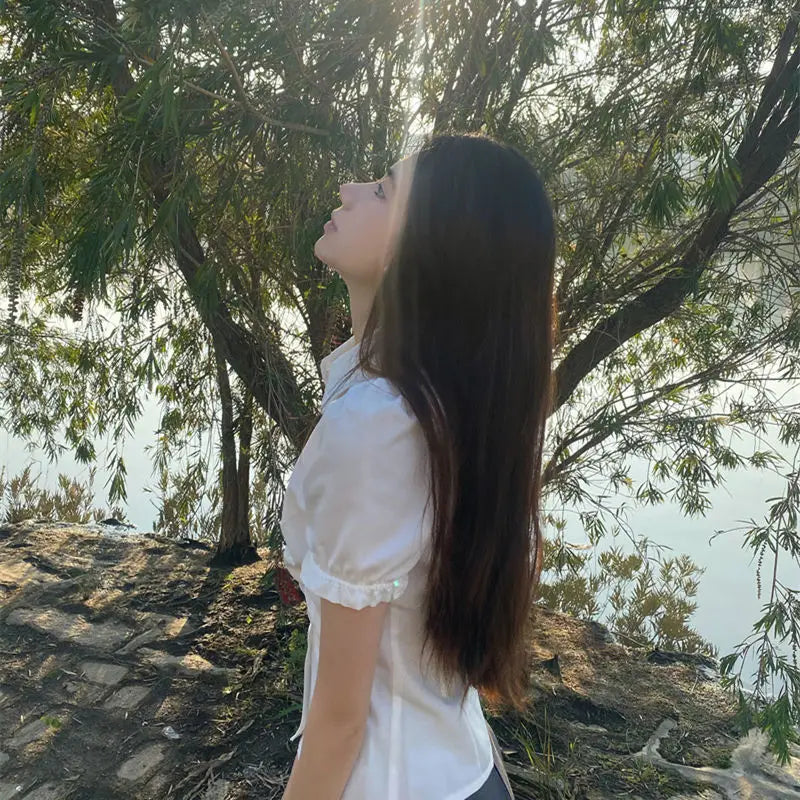 Hnewly Shirts Women Solid Preppy Simple Slim Summer Short Sleeve Chic Folds Leisure Female Korean Style All-match New Design Clothing