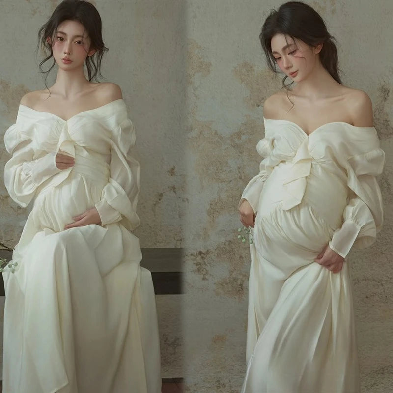 Hnewly  Women Maternity Dress for Photography White Elegant Off-shoulder Pregancy Dresses for Studio Photo Shoot Clothing for Photo