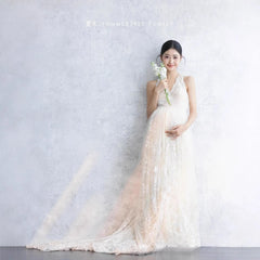 Hnewly  Women Maternity Photoshoot Outfits White Lace Elegant Slim Deep V Dress for Pregnancy Studio Photo Shooting Clothing Fotografia