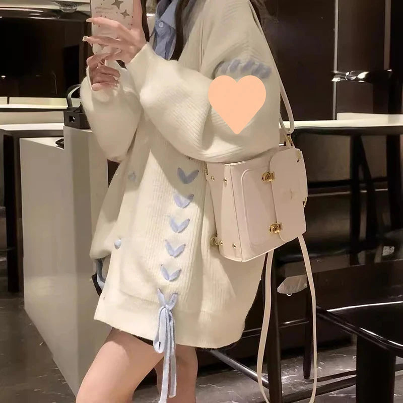 Hnewly y2k Sweaters 2000s Women Butterfly Print Side Drawstring Single Breasted Long Sleeve Loose Cardigan Tops Streetwear