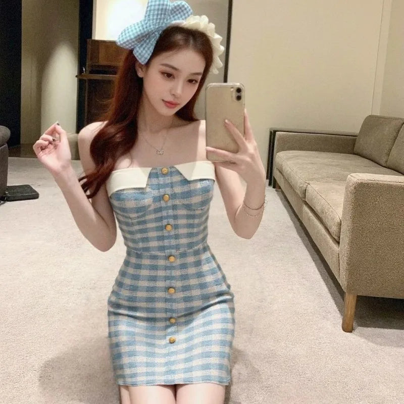 Hnewly  Elegant Fashion Plaid Dresses Women Strapless Sexy Slim Backless Button Summer New Party Mini Dress Clubwear Female