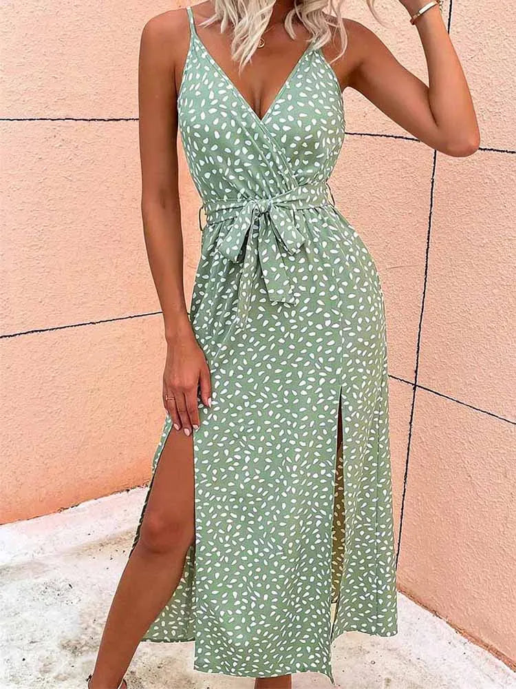 Hnewly  Summer Floral Print Long Dress Women Sexy Backless Bandage Slit Beach Sundresses Casual Elegant Black V Neck Sleeveless Dress