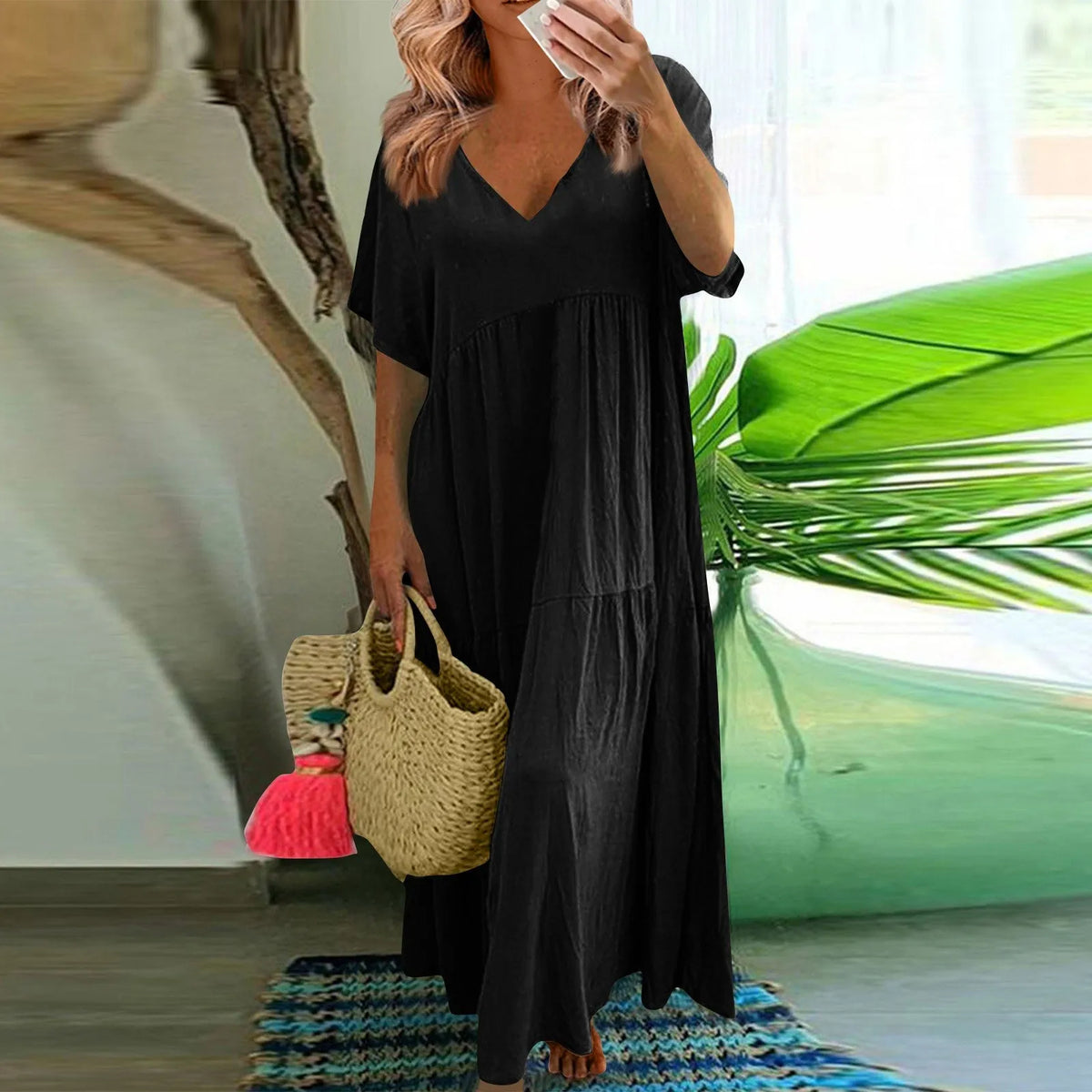 Hnewly  Summer Soft and Comfy Fashion V-neck Solid Color Large Size Loose Long Large Swing Short-sleeved Dress Basic Versatile Clothes