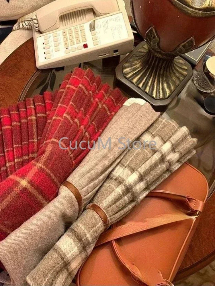 Hnewly Japanese Style Retro Spicy Girl Plaid Pleated Skirt Autumn Winter College Style Woolen Mini Skirt High Waiste Sweet Kawaii Skirt