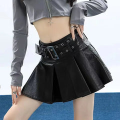 Hnewly  Leather Skirt Black Punk Women Sexy Pleated Grunge Vintage Mini Skirt Y2k Gothic Streetwear A-line Ladies Retro Skirts