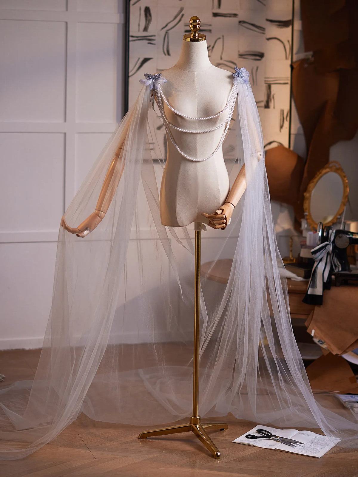 Hnewly  Shawl Blue Handmade Mesh Fairy Evening Dress Accessories Fairy Style Photo Props Host Walking Show Big Tailing